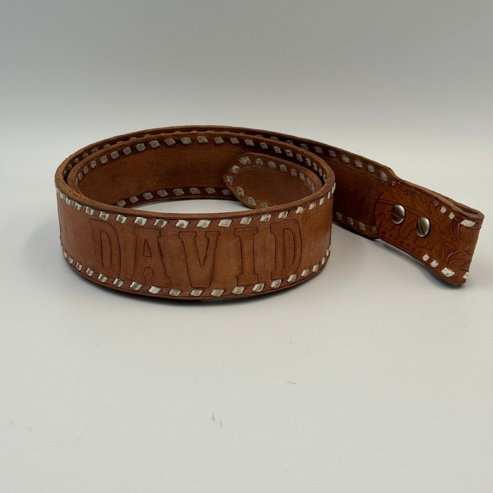 Custom Tooled Leather Belt David Personalized Buckstitch Western Tan Brown